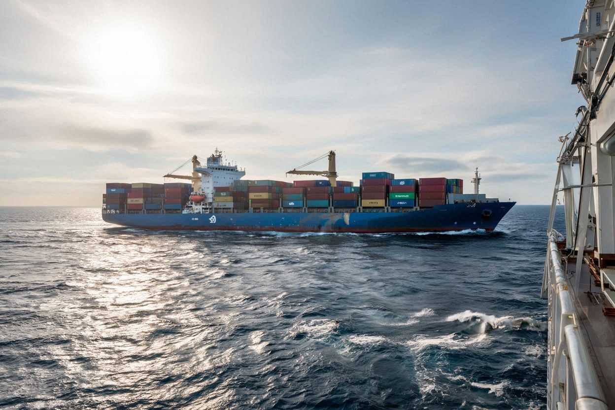 container ship transporting international cargo shipment